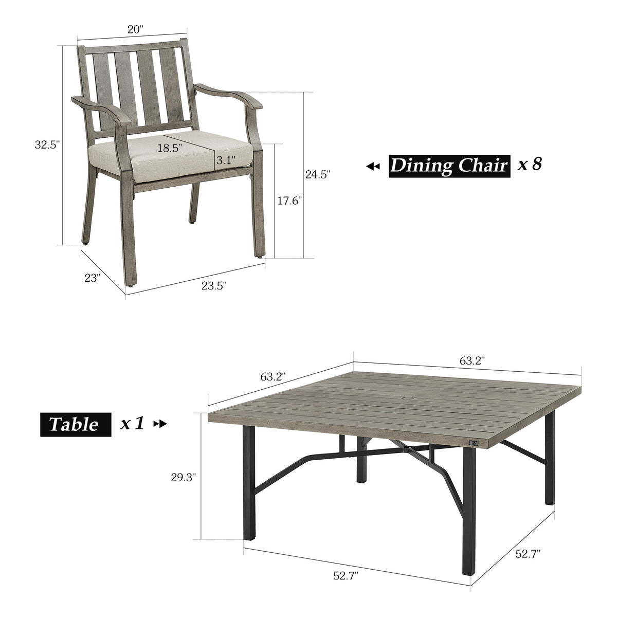 Azur Outdoor 8 Person Square Dining Set with Sunbrella® Cushions