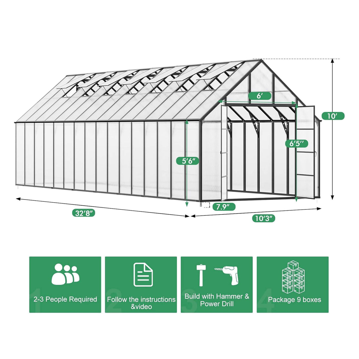 10' x 32' Heavy-Duty Outdoor Greenhouse – Aluminum Frame, UV-Resistant Polycarbonate Panels & 7 Roof Vents