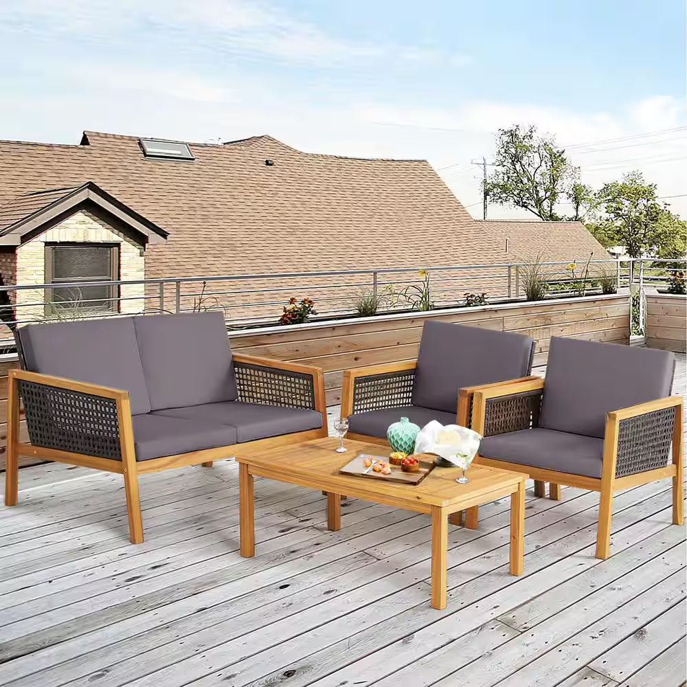 4PCS Patio Acacia Wood Furniture Set PE Rattan Conversation Set W/Grey Cushions