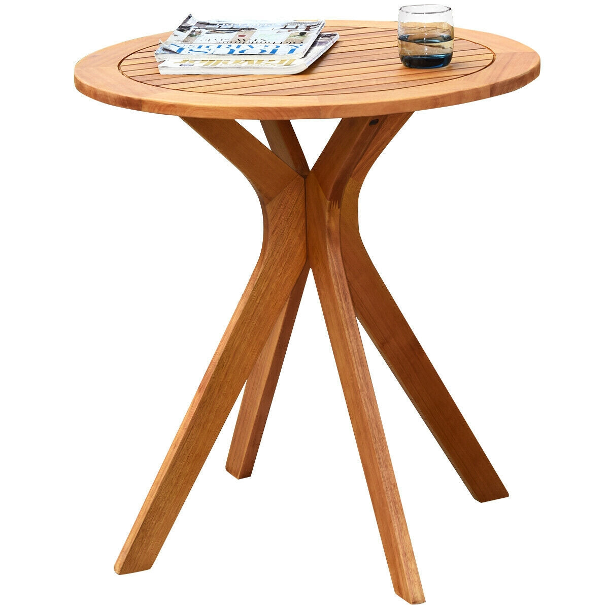 27" Outdoor Round Solid Eucalyptus Wood Bistro Table – Rustic Teak Finish, Water‑Resistant Design
