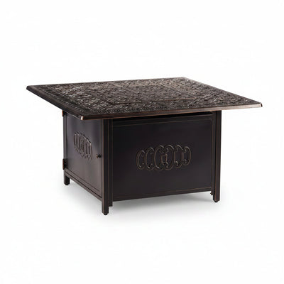 Aluminum 57,0000 BTU 42 In. Square Propane Black Fire Pit Table with Fire Beads, Lid, Propane Tank Cover and Table Fabric Covers in Copper Finish