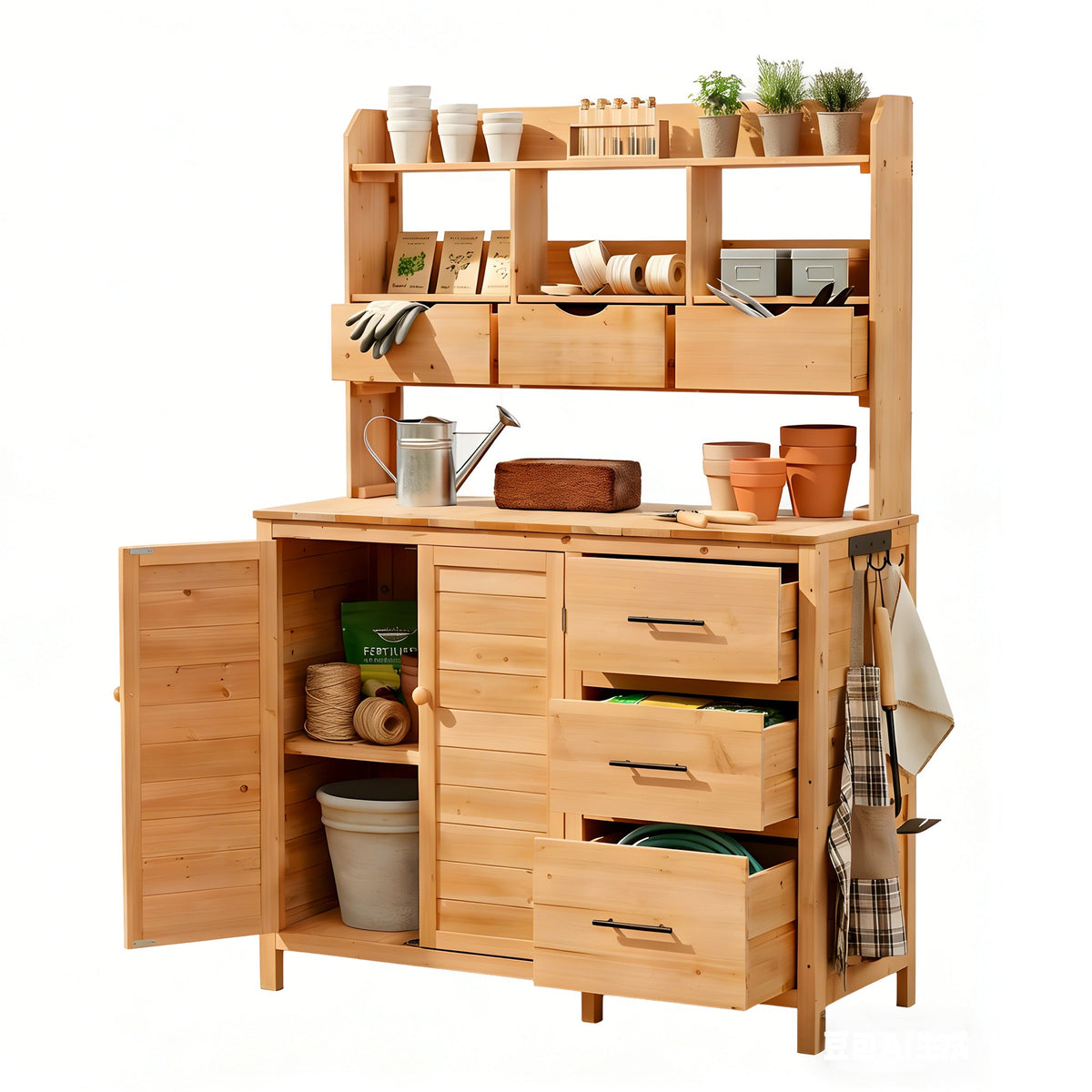 TOPMAX 65" Farmhouse Wooden Garden Potting Bench – 6 Drawers, Storage Cabinet & Adjustable Shelf