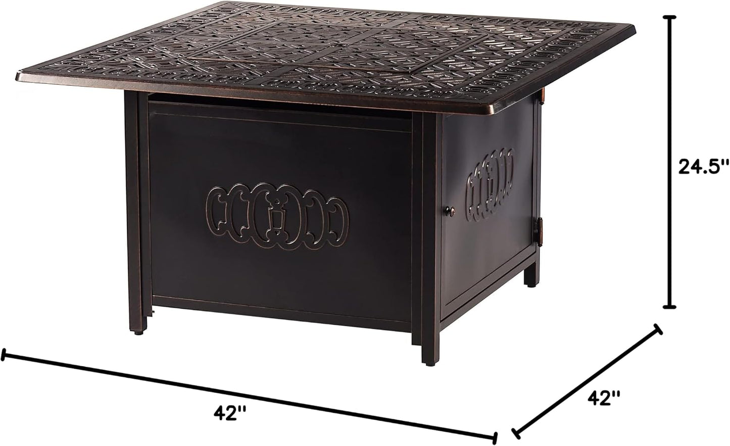 Aluminum 57,0000 BTU 42 In. Square Propane Black Fire Pit Table with Fire Beads, Lid, Propane Tank Cover and Table Fabric Covers in Copper Finish