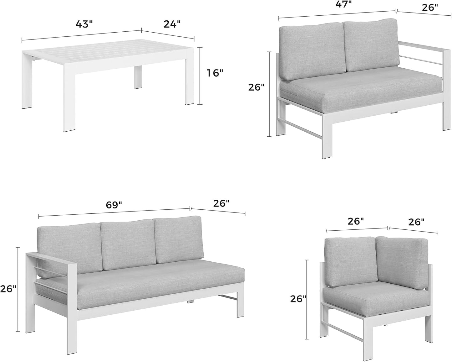 Aluminum Patio Furniture Set, Metal Patio Sectional Sofa with Imitation Wood Tabletop Coffee Table, Modern Outdoor Furniture Couch with Water-Resistant Cushion for Balcony Backyard, White