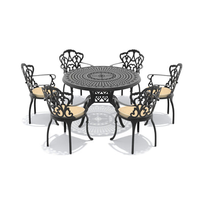 Alora 7-Piece Cast Aluminum Patio Furniture Set With Black Frame And Off-White Cushions