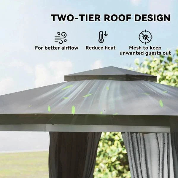10x10 Steel Patio Gazebo with UPF30+ Roof, Curtains & Netting