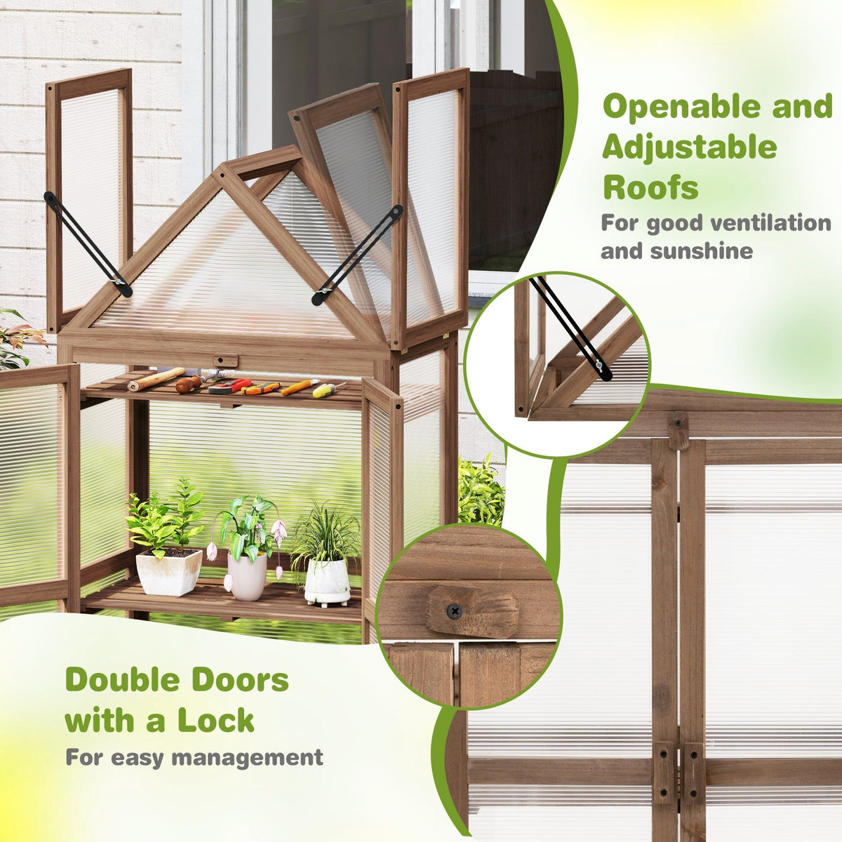 Mini Wooden Greenhouse with Double Doors – Fir Wood Cold Frame with Adjustable Roof & 3 Shelves