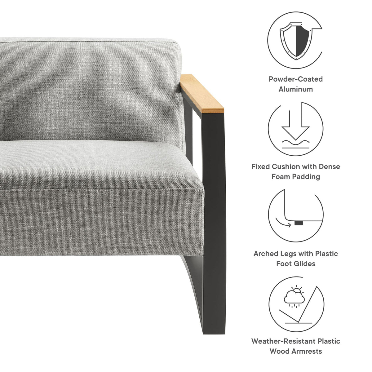 Sauve Outdoor Patio Armchair by Modway – Powder‑Coated Aluminum, Water‑Resistant Cushions & Plastic Wood Armrests