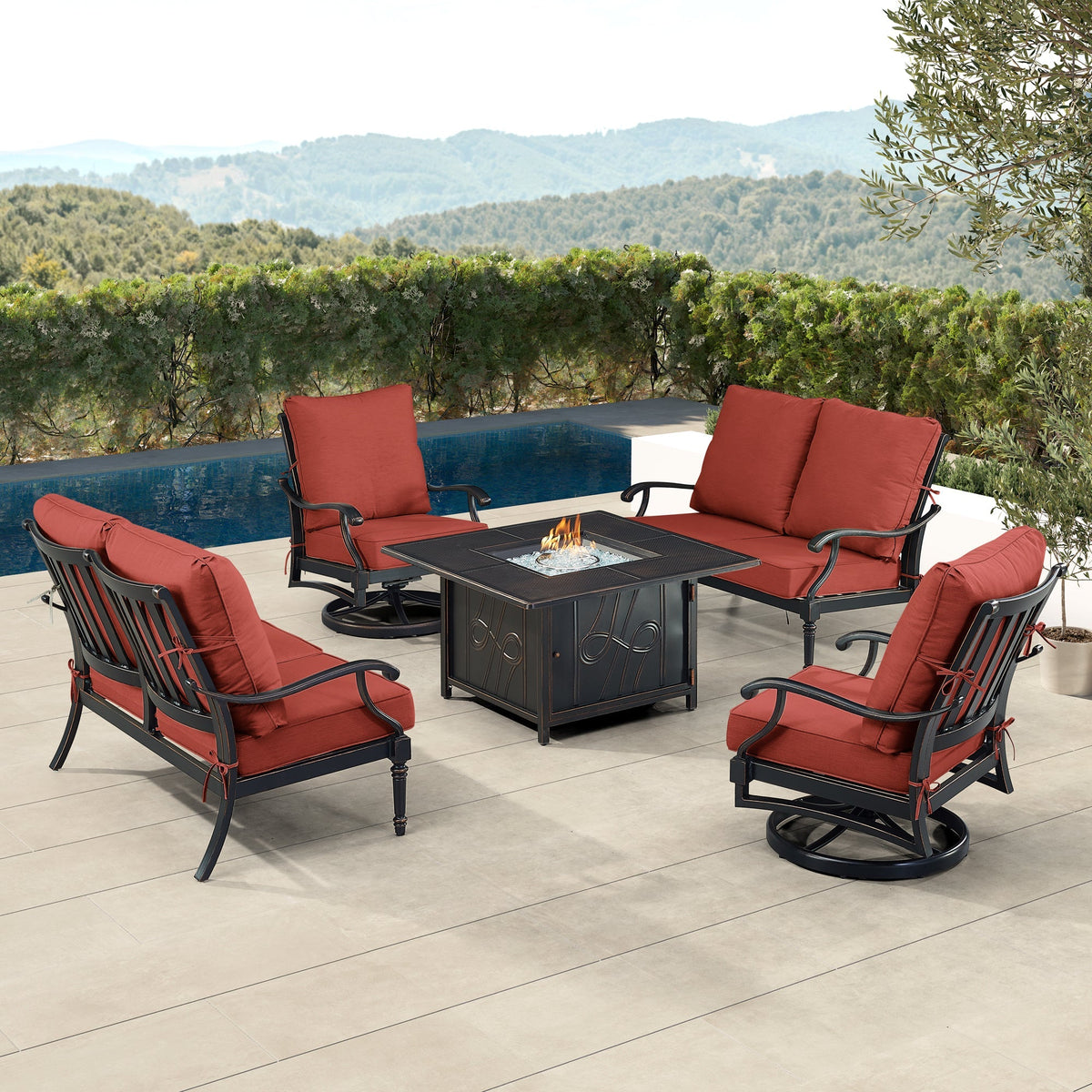 Black Aluminum Fire Table Set with Two Loveseats and Two Club Chairs