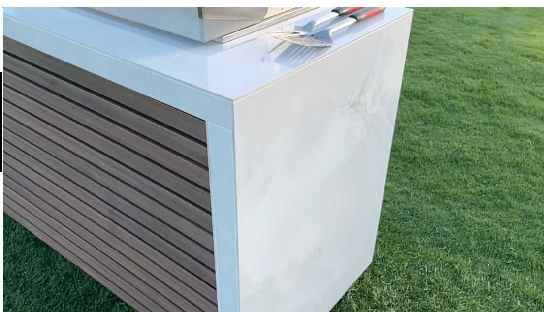 Kokomo Shiplap Outdoor Kitchen Island – 7’6" with 4-Burner Grill, Waterfall Edge, Fridge & Porcelain Countertop | LP or NG