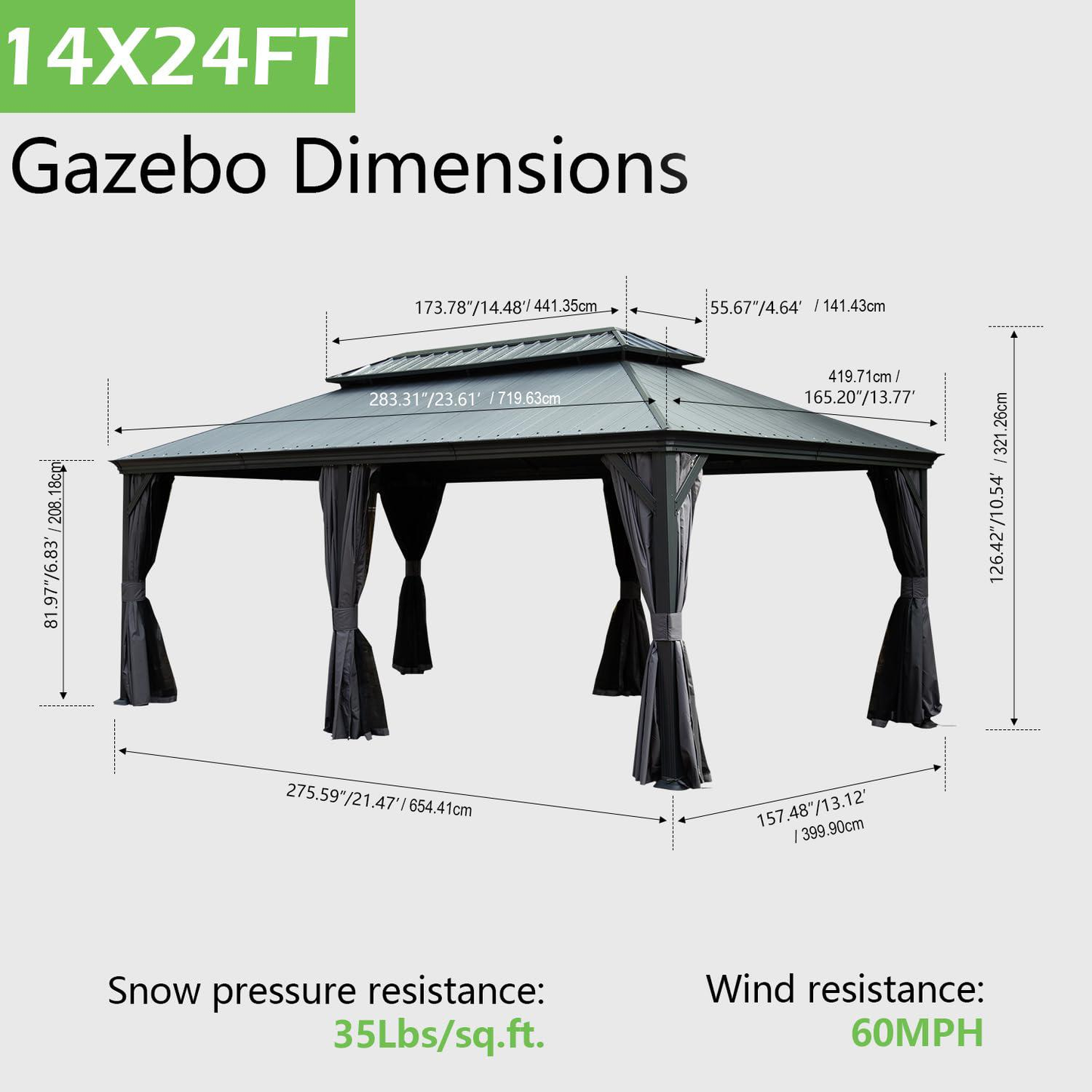 14'x24' Hardtop Gazebo with Resin Roof and Metal Frame