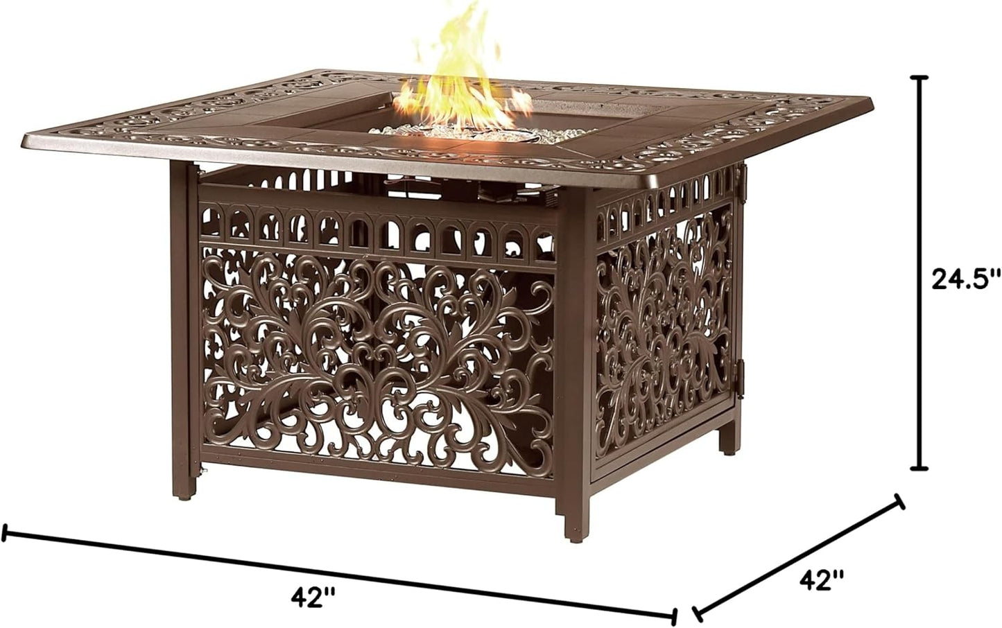 Square 42 In. X 42 In. Aluminum Propane Fire Pit Table with Glass Beads, Two Covers, Lid, 57,000 Btus in Brown Finish