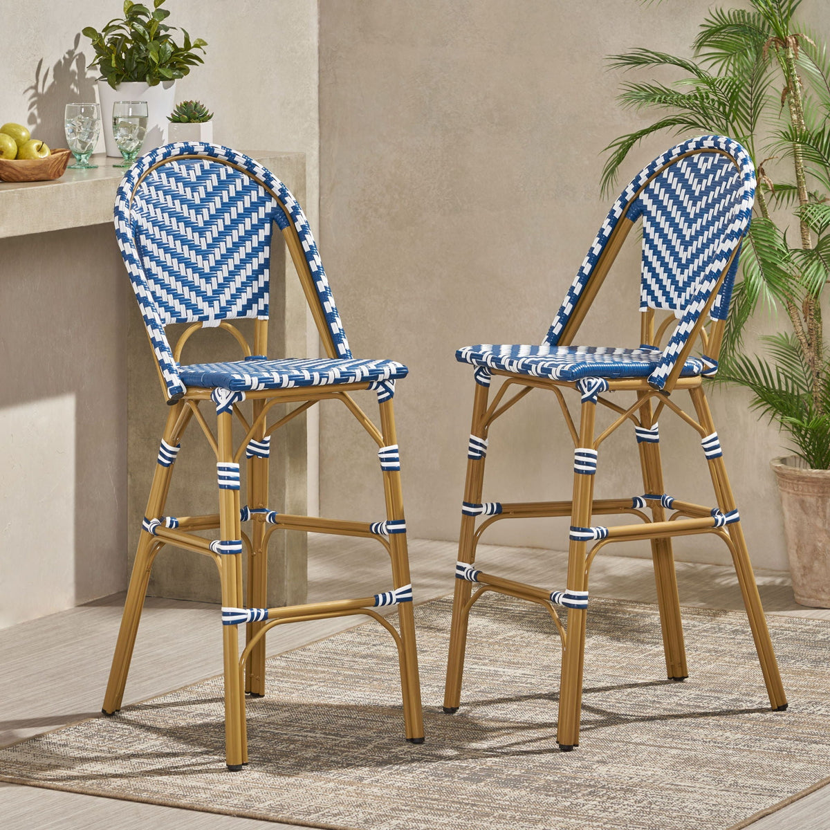 Outdoor French Rattan Barstool Set – Navy & White PE Wicker with Rust‑Resistant Aluminum Frame
