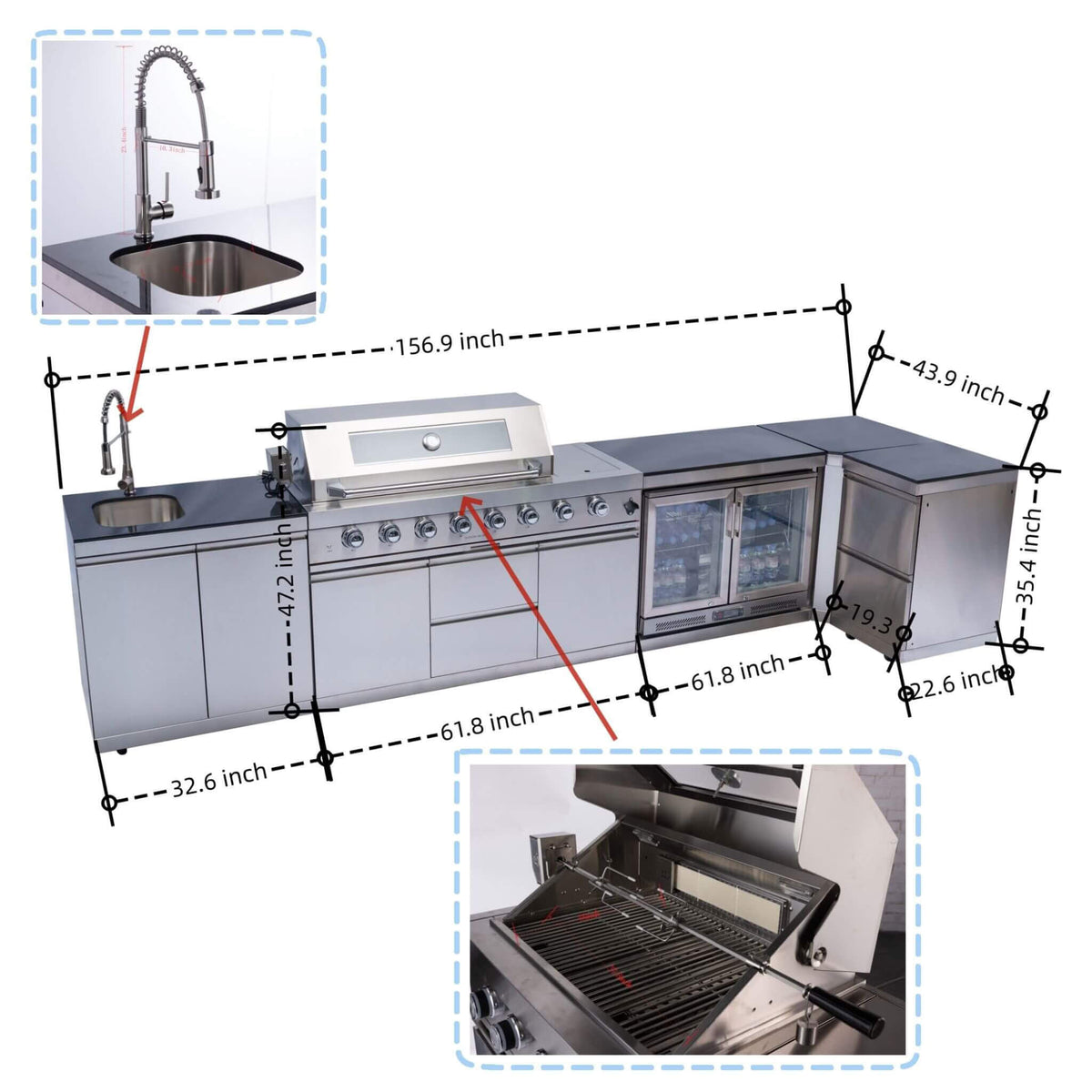 Castelle Flame Montclair 58-Inch 6-Burner 96K BTU Gas Outdoor Liquid Propane Grill Island