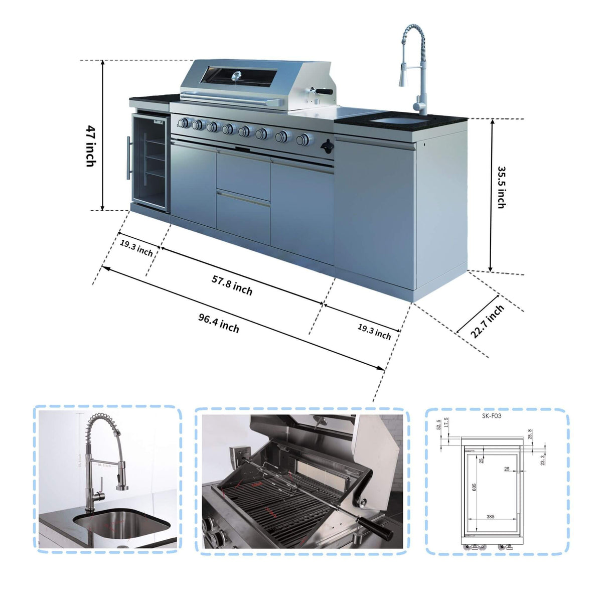 Castelle Flame Capri 96- inch 6‑Burner 85,000 BTU Outdoor Kitchen Grill Island
