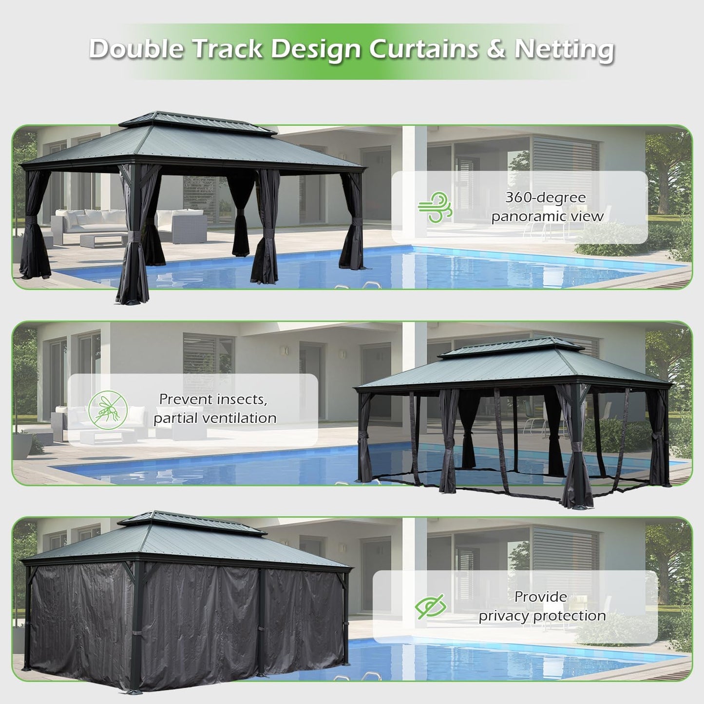 12'x20' Hardtop Gazebo with Resin Roof, Curtains, and Mosquito Netting