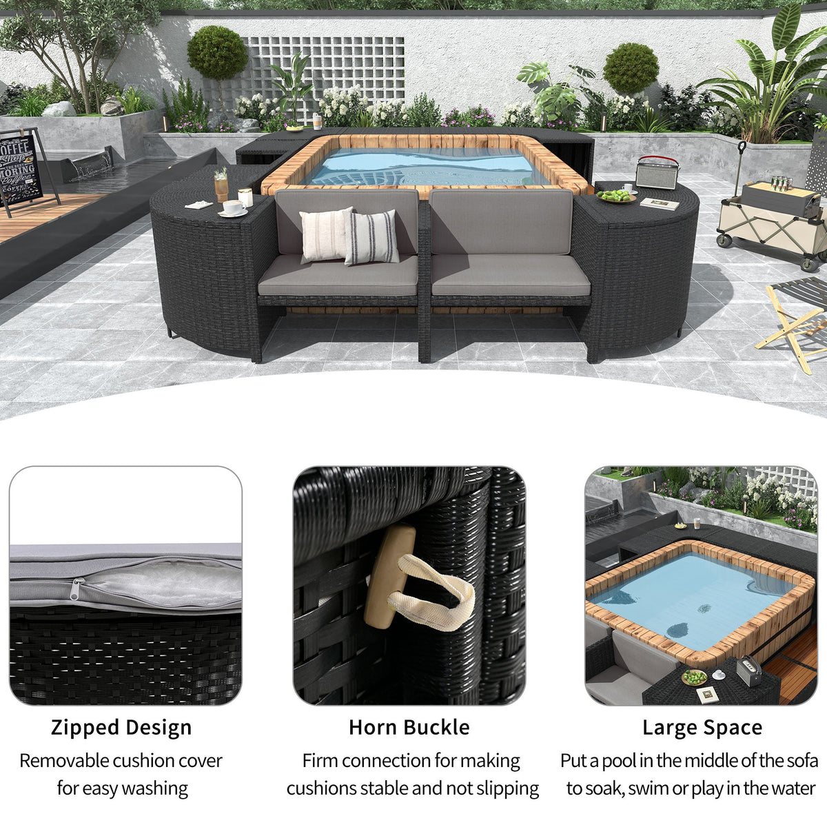Spa Surround Outdoor Rattan Sectional Sofa Set – Built‑In Storage, Wooden Seats & Cushions (Beige or Gray)