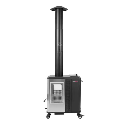 110,000 BTU Outdoor Wood Pellet Patio Heater – Dual-Fuel Heating, Tempered Glass Flame Window & Wheels