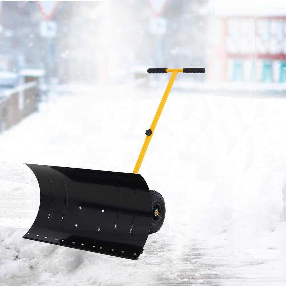15 In. Steel Angle-Adjustable Handle Steel Heavy-Duty Snow Shovel Rolling Pusher with 29 In. Blade, 10 In. Wheels