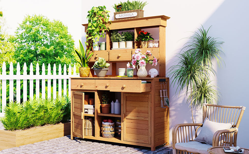 65.7" Wooden Garden Potting Bench with Hutch – 6 Drawers, 2 Storage Cabinets & Adjustable Shelves