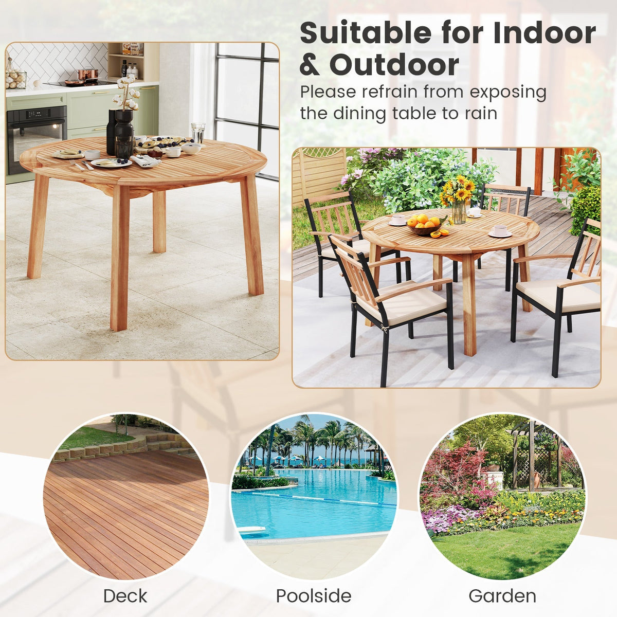 5 Pieces Acacia Wood Patio Dining Set with Umbrella Hole