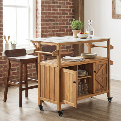 Acacia Wood Outdoor Bar Cart with Marble-Effect Worktop