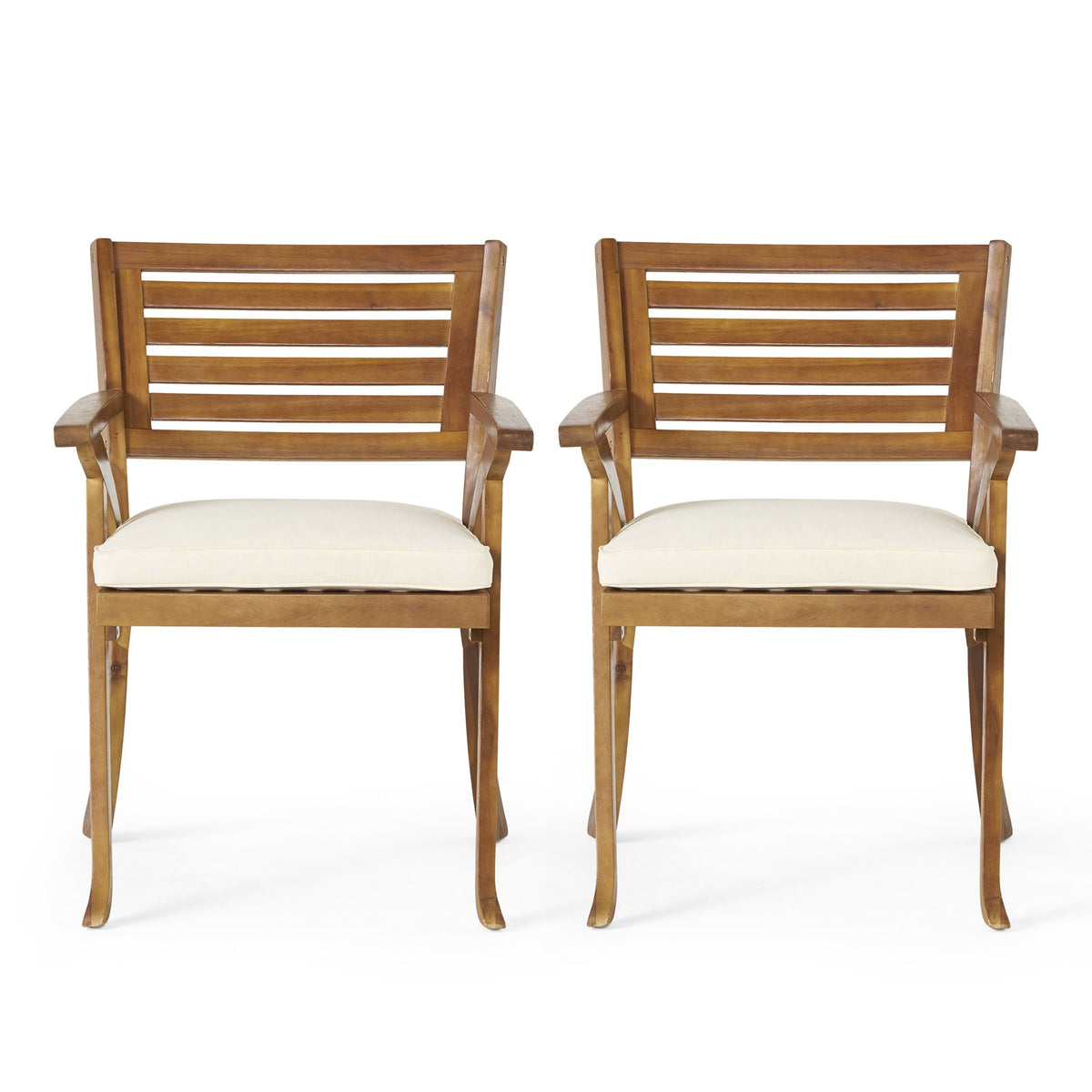 Hermosa 5‑Piece Outdoor Acacia Wood Dining Set with Water‑Resistant Beige Cushions — Teak Finish