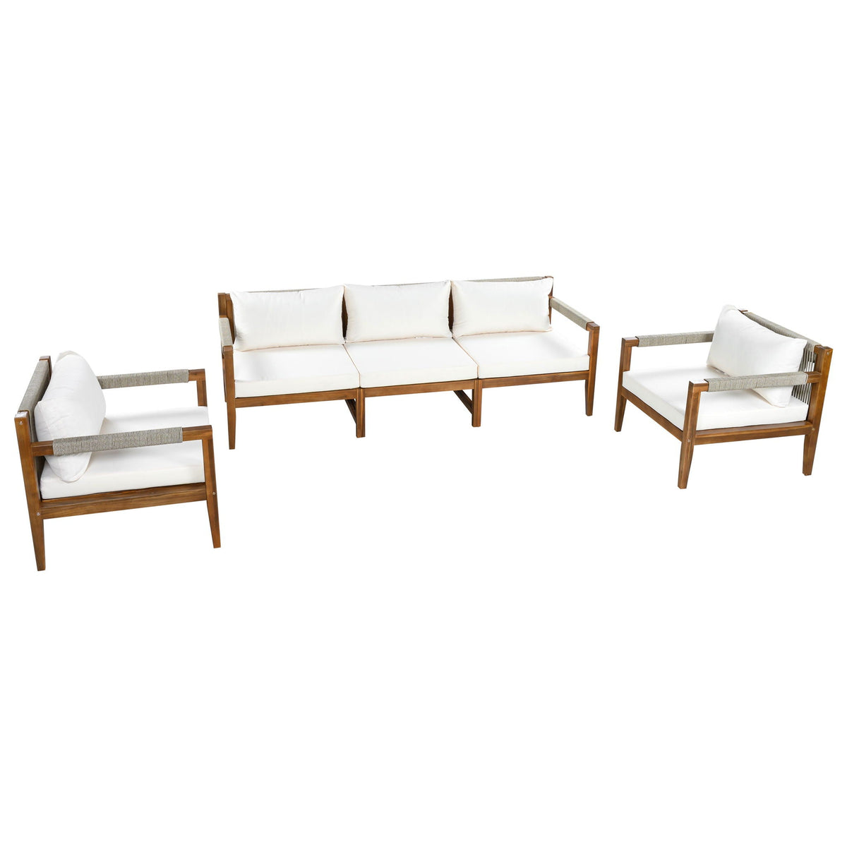 Acacia Wood Outdoor Modular Seating Set with Rope Accents & Water‑Resistant Cushions – 3‑Piece
