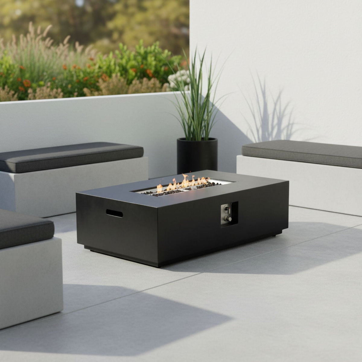 Volon 48" × 30" Rectangular Fiber‑Concrete Fire Pit Table – Charcoal Finish - 50,000 BTU – Charcoal Finish, 50,000 BTU