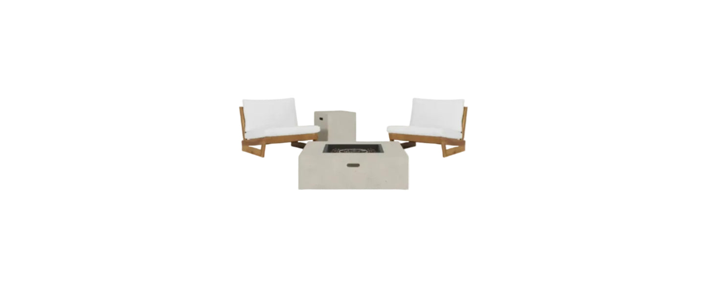 Sherwood Acacia Wood Outdoor Lounge Chairs and 50,000 BTU Square Propane Fire Pit,White, Teak, and Light Gray