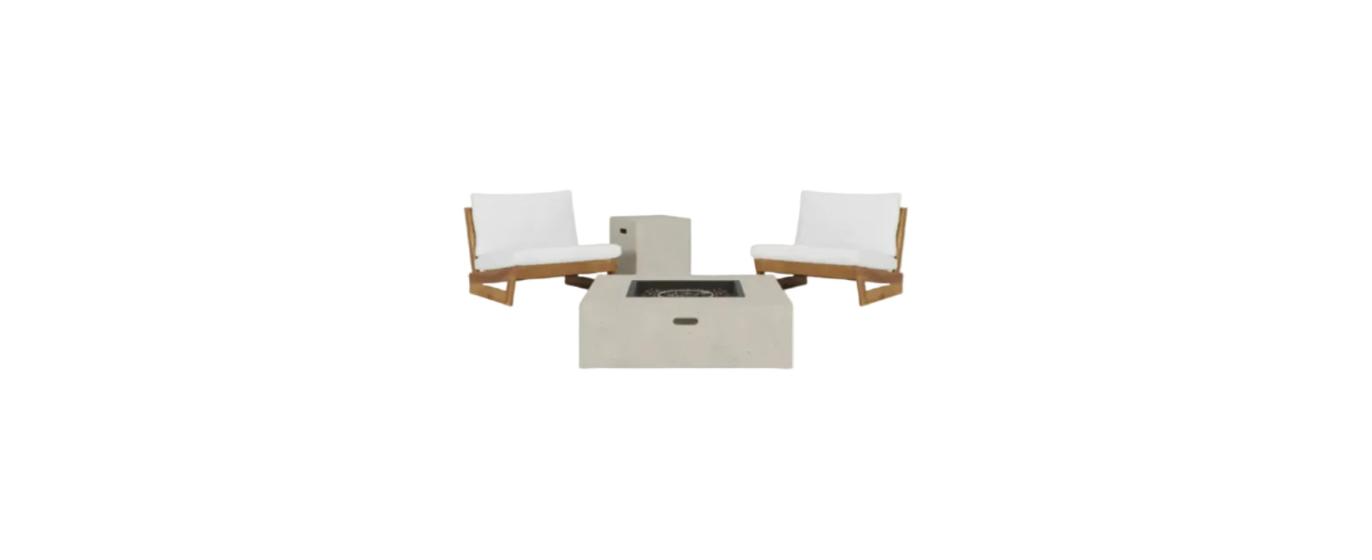 Sherwood Acacia Wood Outdoor Lounge Chairs and 50,000 BTU Square Propane Fire Pit,White, Teak, and Light Gray