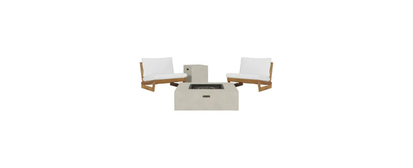 Sherwood Acacia Wood Outdoor Lounge Chairs and 50,000 BTU Square Propane Fire Pit,White, Teak, and Light Gray
