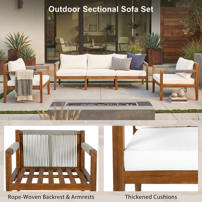 Acacia Wood Outdoor Modular Seating Set with Rope Accents & Water‑Resistant Cushions – 3‑Piece