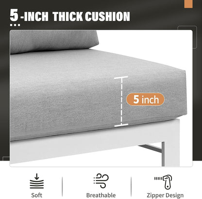 Aluminum Patio Furniture Set, Metal Patio Sectional Sofa with Imitation Wood Tabletop Coffee Table, Modern Outdoor Furniture Couch with Water-Resistant Cushion for Balcony Backyard, White