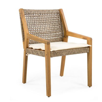 Acacia Wood & Wicker Outdoor Dining Chair Set of 4 with Cream Cushions