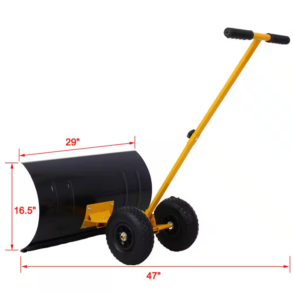 47 In. Sheet Metal Handle Steel Snow Shovel Rolling Pusher with 29 In. Blade and 10 In. Wheels in Black and Yellow