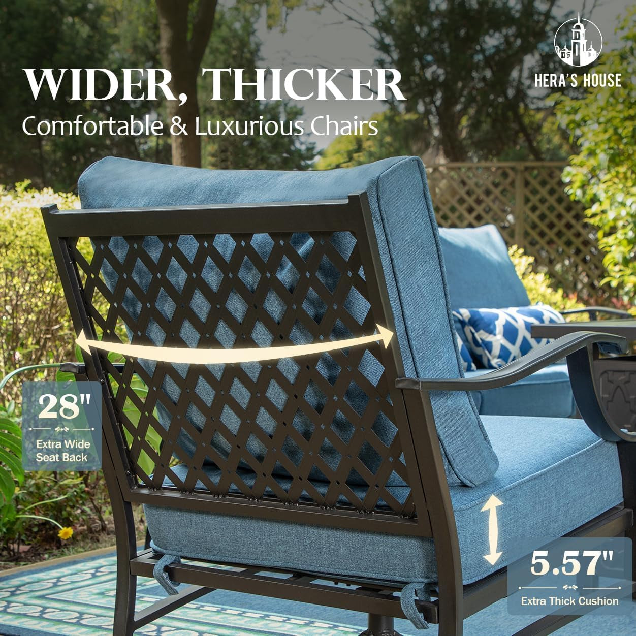5 Pieces Patio Furniture Set with Fire Pit Table, 4 X Thick Cushioned Chairs, 1 X Fire Pit Table (50,000 BTU), All Weather Outdoor Conversation Set for Garden, Backyard, Lawn, Navy Blue