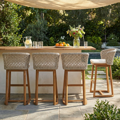 Outdoor Bar Stools — Acacia Wood, Wicker Backrest & Plush Beige Cushions (Set of 4)