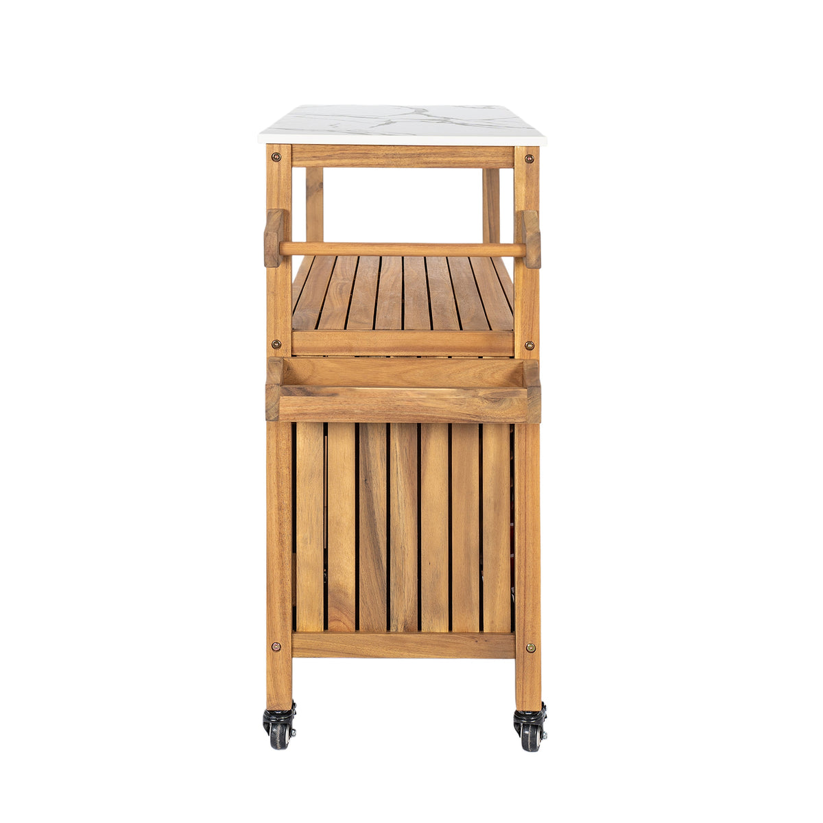 Acacia Wood Outdoor Bar Cart with Marble-Effect Worktop