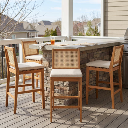 Kirkby Acacia Wood Outdoor Barstool with Woven Rattan Backrest & Cushion  Short + Clean