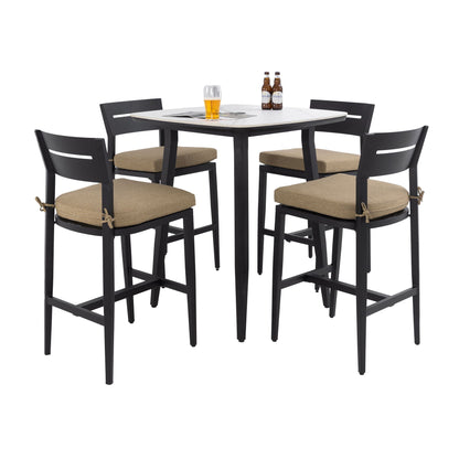 Modern Outdoor Bar Set — Sintered Stone Table, Ergonomic Bar Stools & Sunbrella® Cushions (Ember Black / Linen Sesame)