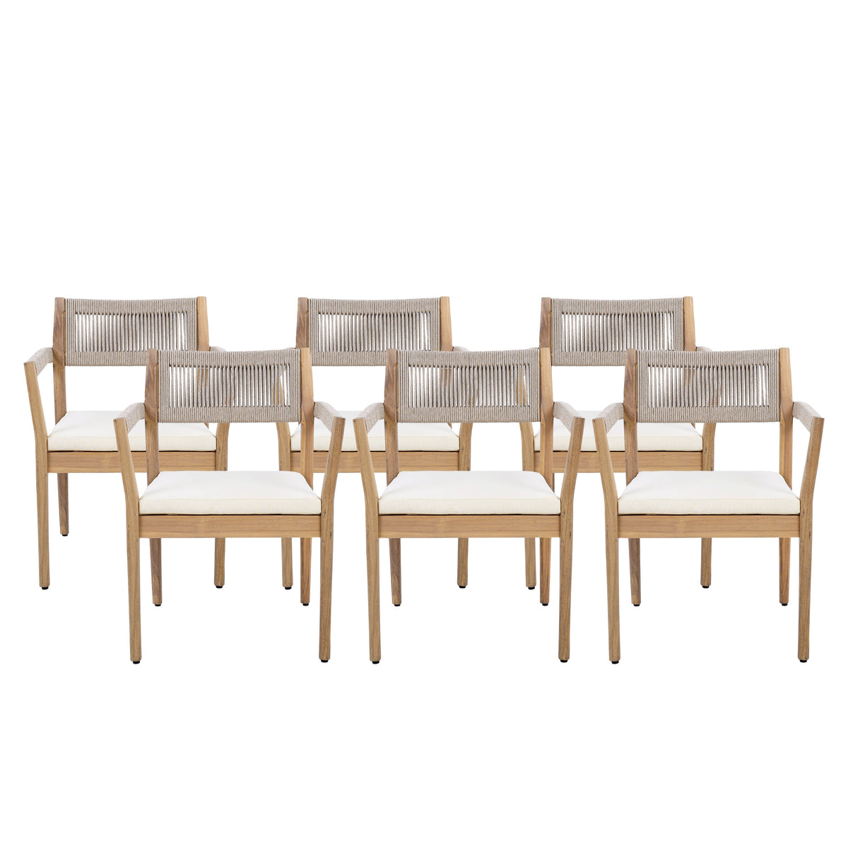 raided Acacia Outdoor Dining Chair Set of 4 — Teak Look with Beige Rope & Cream Cushions