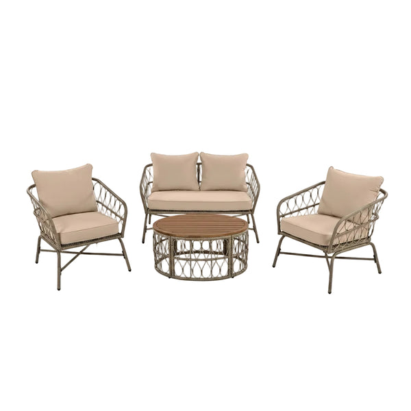 Bohemia-Inspired 4 Person Outdoor Seating Group With Removable Cushions, Conversation Patio Set With Wood Tabletop - Beige