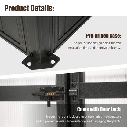 6' × 8' Heavy-Duty Polycarbonate Greenhouse – Automatic Roof Vent, Aluminum Frame & Storage Shelf
