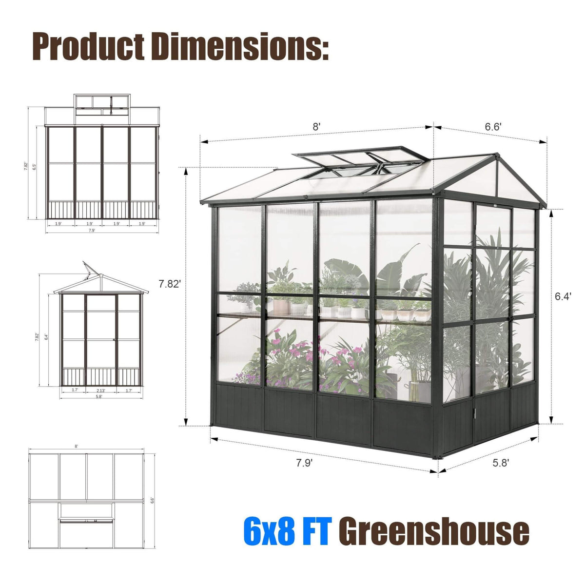 6' × 8' Heavy-Duty Polycarbonate Greenhouse – Automatic Roof Vent, Aluminum Frame & Storage Shelf