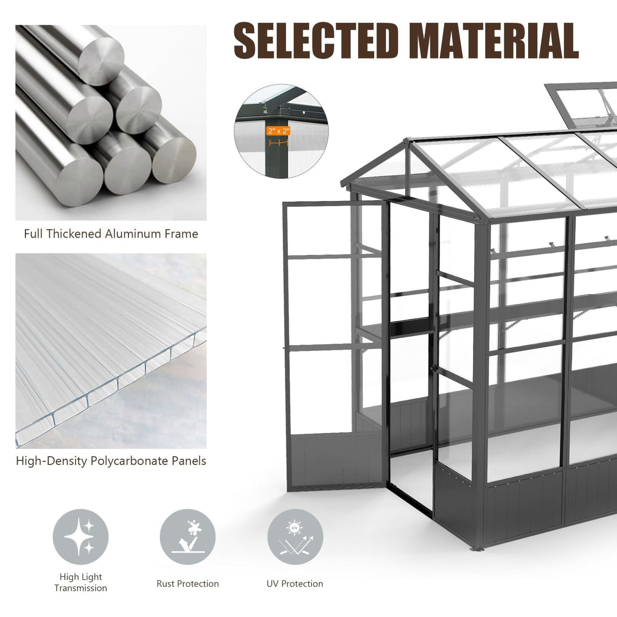 6' × 8' Heavy-Duty Polycarbonate Greenhouse – Automatic Roof Vent, Aluminum Frame & Storage Shelf