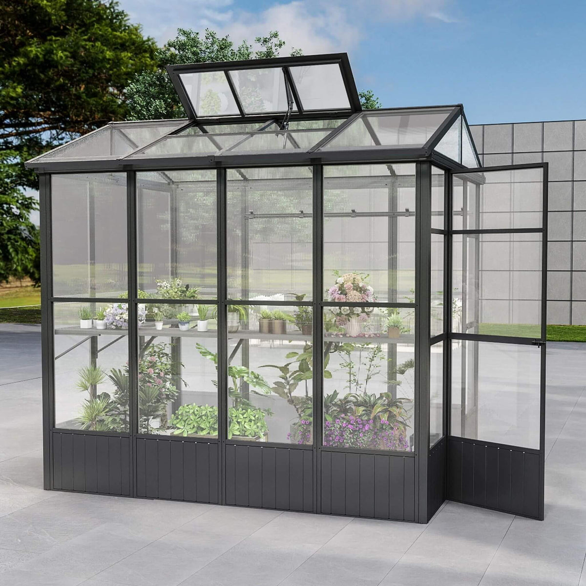 6' × 8' Heavy-Duty Polycarbonate Greenhouse – Automatic Roof Vent, Aluminum Frame & Storage Shelf