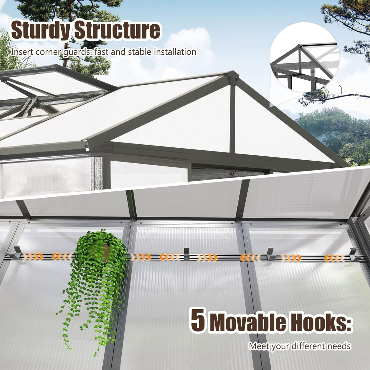 6' × 8' Heavy-Duty Polycarbonate Greenhouse – Automatic Roof Vent, Aluminum Frame & Storage Shelf