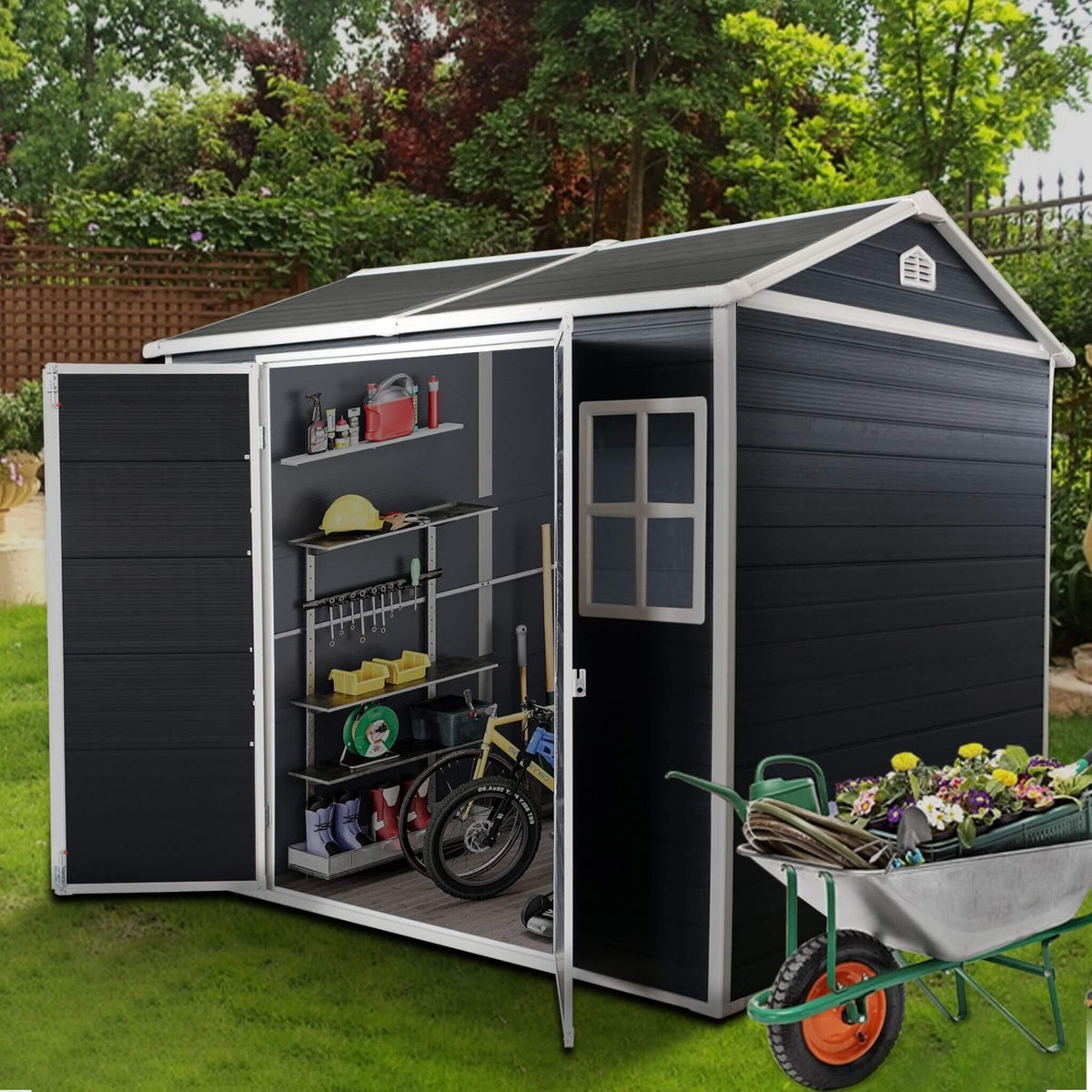 6' x 8' Heavy-Duty Outdoor Resin Storage Shed – Waterproof Garden Shed with Floor, Windows & Lockable Doors