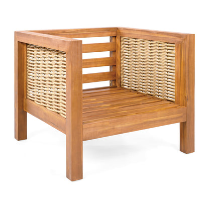 Acacia Wood Outdoor Club Chair, Weather‑Resistant with Wicker Armrests